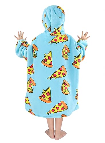 Oversized Hoodie Blanket, Printed Wearable Blanket Sweatshirt Sherpa TV Blanket (Blue Pizza-Child)
