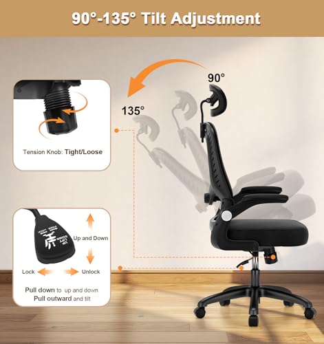 Office Chair, SPRDENG Ergonomic Office Chair with Two-Way Adjustable Lumbar Support & Headrest, High Back S-Shaped Computer Chair with Flip-up Padded Armrests, Swivel Task Chair for Home Office