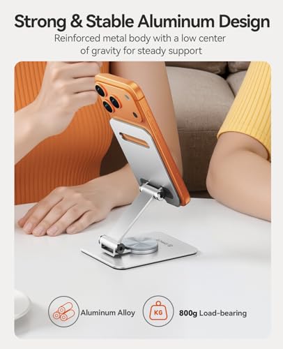 ORICO Aluminum Phone Stand for Desk, Adjustable Metal Phone Holder with Stable Support and Smooth 360° Rotation for Smartphones up to 6.9 Inches – Silver (PS2)