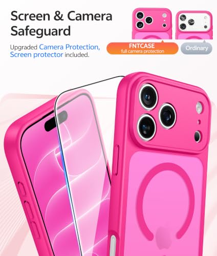 FNTCASE for iPhone 18 Pro Max Case/ iPhone 17 Pro Max Case, Fit for Magsafe | Screen Protector, Full Camera Protection, Translucent Matte, 14FT Military Grade Drop Proof, Shockproof Cover, Hot Pink