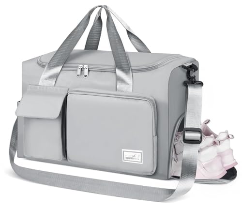 Gym Bag for Women Men, Sports Duffel Bag with Shoes Compartment, Waterproof Travel Duffle Bag with Dry Wet Separated Pocket, Overnight Carry Luggage Bag for Weekender, Sports, Gym, Travel (Grey)