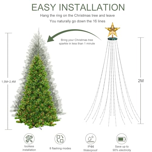 Christmas Tree Lights with Star Topper, 400LED Christmas String Lights with Ring for Tree, 6.6FT x 16 Drop Fairy Lights with 8 Modes Timer Remote for Indoor Outdoor Xmas Tree Decor, Warm White