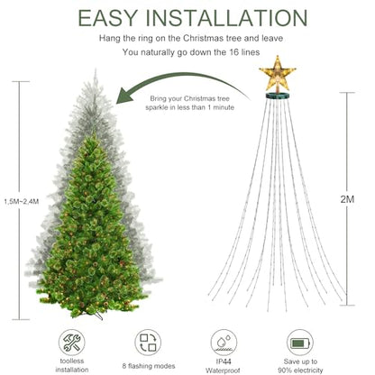 Christmas Tree Lights with Star Topper, 400LED Christmas String Lights with Ring for Tree, 6.6FT x 16 Drop Fairy Lights with 8 Modes Timer Remote for Indoor Outdoor Xmas Tree Decor, Warm White