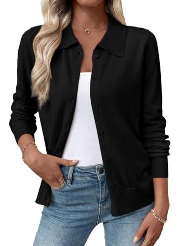 EVALESS Long Sleeve Cardigan Sweaters for Women Button Knit Tops Black M