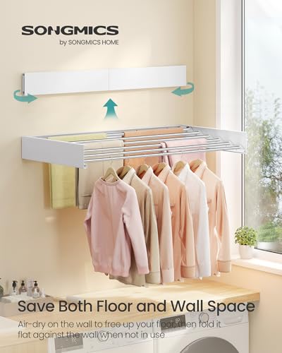 SONGMICS Wall Mounted Drying Rack, Clothes Drying Rack Foldable, 100 cm Wide Laundry Clothes Airer with Wall Template, 6 Fold-Out Aluminum Alloy Bars, Indoor, Matte White ULLR810WE01