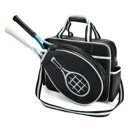 Tennis Bags Tennis Tote Bags Black PU Leather Women Men Women Portable Gym Bag Water Bottle Holder Sport Shoulder Straps Rackets Shoulder Bag Can Hold 2 Rackets
