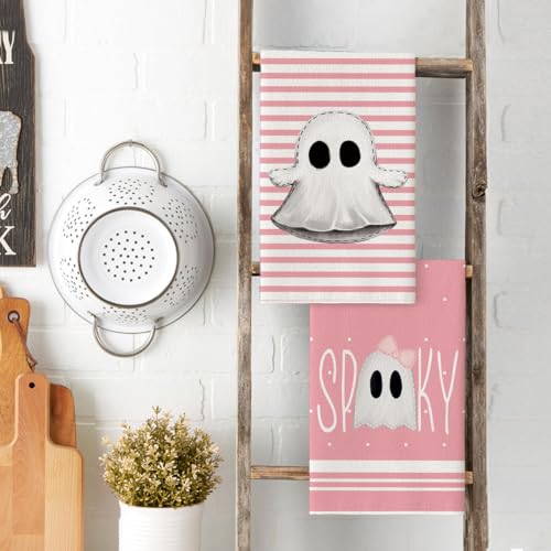 Artoid Mode Pink Ghost Halloween Kitchen Towels Set of 4 18x26 Inch