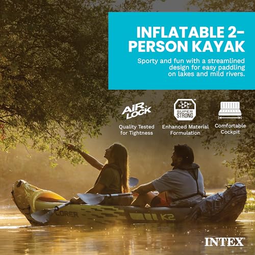 INTEX 68307EP Explorer K2 Inflatable Kayak Set: Includes Deluxe 86in Aluminum Oars and High-Output Pump – SuperStrong PVC – Adjustable Seats with Backrest – 2-Person – 400lb Weight Capacity