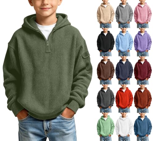Zip Up Hoodie Boys Hoodies Soft Loose Quarter Zip Sweatshirt Hooded Long Sleeve Classic Solid Textured Knit Pullover Casual Outfits Army Green 9 Years
