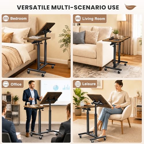 Elowen Rolling Laptop Desk with Wheels, Double-Pole Portable Overbed Table