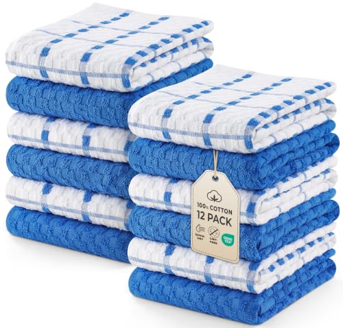 Utopia Towels Kitchen Towels, 12 Pack, 15 by 25 Inches, Dobby Weave, 100% Ring Spun Cotton, Super Soft and Absorbent Dish, Tea, and Bar Towels, Blue