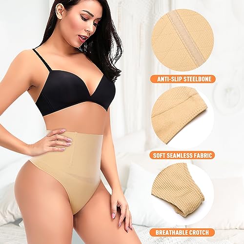 Riseholy Tummy Control Thong Shapewear for Women Body Shaper Underwear Seamless Waist Trainer Panties (#01 Beige,Large)