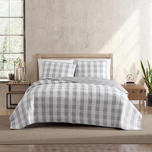 Eddie Bauer- Twin Quilt Set, Cotton Reversible Bedding with Matching Sham, Home Decor for All Seasons (Lakehouse Plaid Light Grey, Twin)