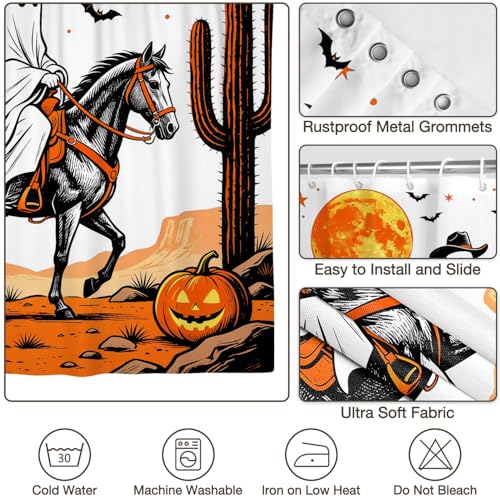 Leowefowa Halloween Western Cowboy Ghost Shower Curtain, Cute Spooky Ghost on Horse Desert Shower Curtain with Pumpkin Moon & Cactus, Funny Halloween Bathroom Curtains for Kids, 72''Wx72''L