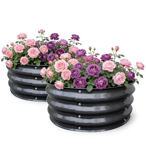 GrowHaus 2Pack 2x2x1FT Galvanized Raised Garden Bed, Planter Boxes Outdoor Round Metal Garden Beds for Planting Vegetables Flowers Herbs Dark Gray