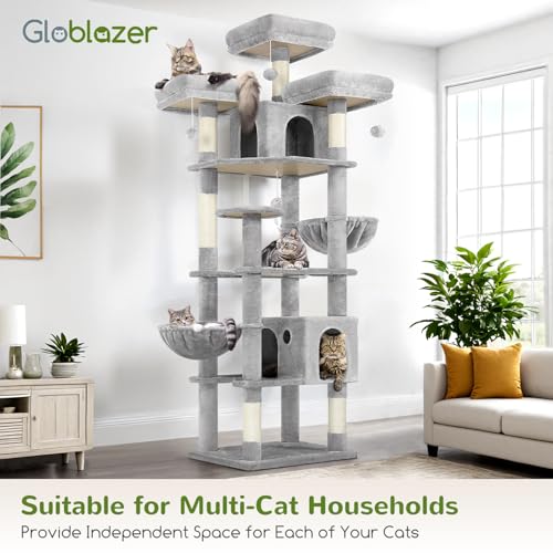 Globlazer Cat Trees and Towers for Multiple Adult Cats, 82-inch XXL Tall Cat Tree Tower for Indoor Cats with Scratching Post, 3 Perches, 2 Hanging Baskets, 2 Condos, Light Grey, F82