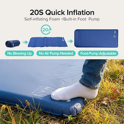 Andola Self Inflating Sleeping Pad, 3" Thick Foam Camping Mat with Built-in Pillow, Insulated Sleeping Pad for All-Season, Foldable Sleeping Mat for Camping, Tent, Car, Outdoor Use, Blue