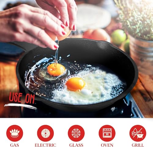 NutriChef Pre-Seasoned Cast Iron Skillet Pans - 3 Pieces Kitchen Frying Pan Nonstick Cookware Set w/Drip Spout - Includes Scraper - Electric Stovetop, Induction, Gas Range, Ceramic