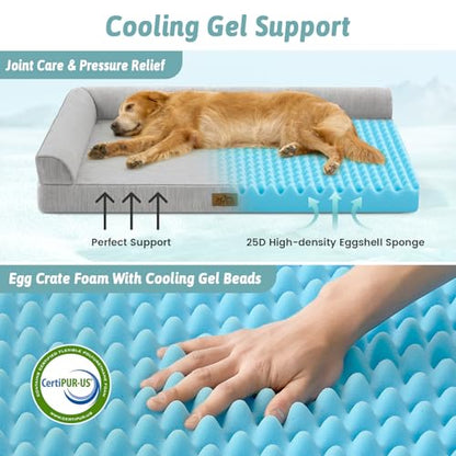 COZY KISS Cooling Dog Bed, Q-Max >0.4 Orthopedic Foam Dog Bed with Sides, Removable Cover & Waterproof Lining and Nonskid Bottom, Comfortable Pet Beds for Dogs, Grey (36" L x 27" W x 6.5" Th)
