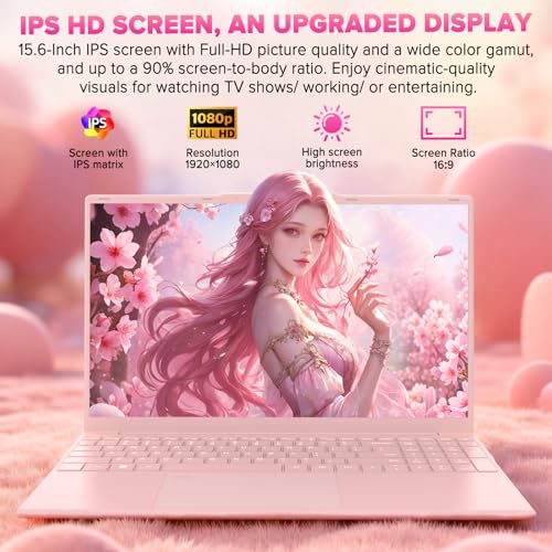 Auusda Lightweight Portable Pink Laptop, Win 11 Pro, 4-Core Processor