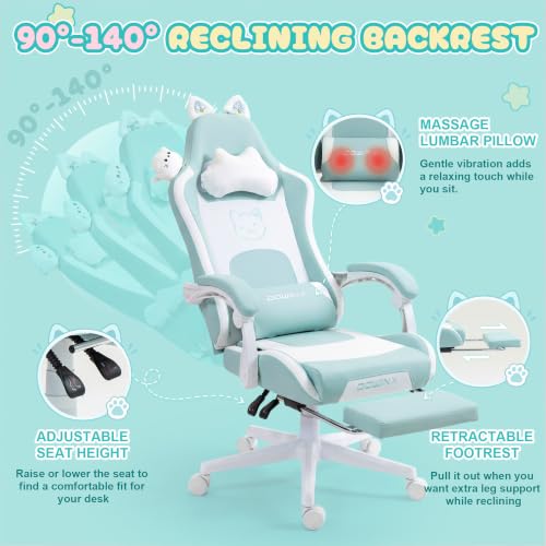 Dowinx Cat Ear Gaming Chair for Adults, Ergonomic Computer Chair with Massage Lumbar Support, Reclining Gamer Chair with Footrest and Headrest, 290 lbs