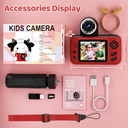 Kids Camera, Birthday Gifts for Boys and Girls Age 3-8,Video Recorder for Kids 8-12,Childrens Digital Camcorder for vlogging Portable Kids Selfie Camera with 32GB SD Card Red