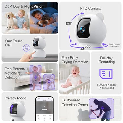 CINMOORE 2.5K Pet Camera, Indoor Security Cam, Free AI Pet/Person/Cry Detection, Dog/Cat/Baby Monitor Pan Tilt 2.4GHz WiFi, Night Vision, Full Duplex Audio Caméra Surveillance Intérieur