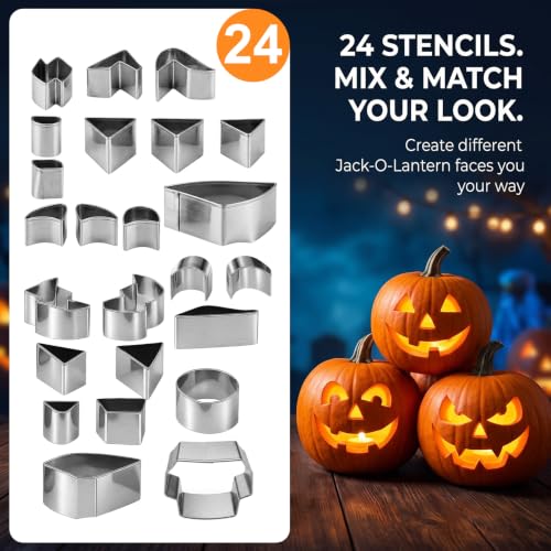 Halloween Pumpkin Carving Kit, 24pcs Pumpkin Cutters & 2pcs Carving Tools | Stainless Steel 26pcs Pumpkin Carving Knife Tools Set for Adults Beginners, Easy Safe Fun DIY Jack-O-Lantern Halloween Decor