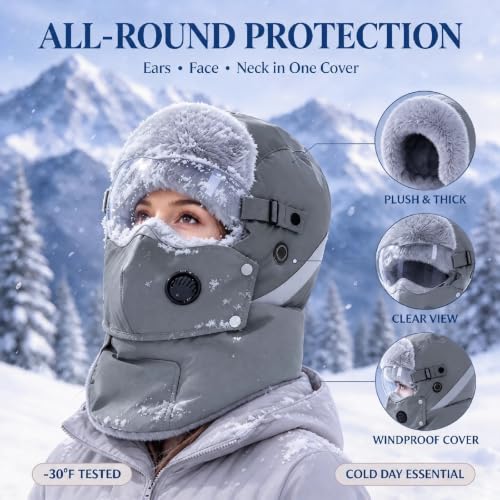 Winter Trapper Hat with Goggles Windproof Face Mask Plush Fleece Lined Balaclava Cold Weather Ski Hat for Men Women Gray