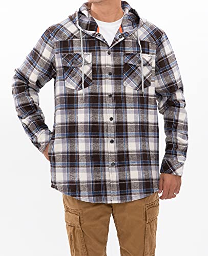 ZENTHACE Men's Flannel Shirt Jacket with Hood,Long Sleeve Plaid Flannel Hoodie Jackets Coffee/White M