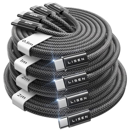 LISEN USB C to USB C Cable 60W (4 Pack,1.6+3.3+6.6+6.6FT) Fast Charger Cord