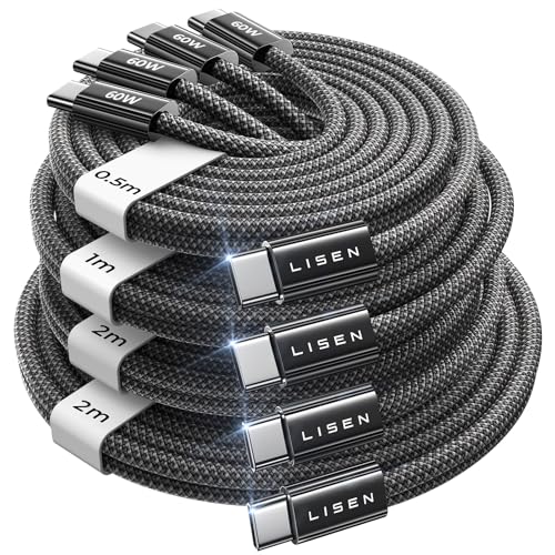 Câble USB C vers USB C LISEN 60W (lot de 4, 0,5+1+2+2m) Cordon de charge rapide
