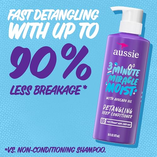 Aussie 3 Minute Miracle Moist Detangling Deep Conditioner Treatment with Avocado Oil, Paraben and Sulfate Free, 1.42 L in Total (3 Count of 475 mL Each)