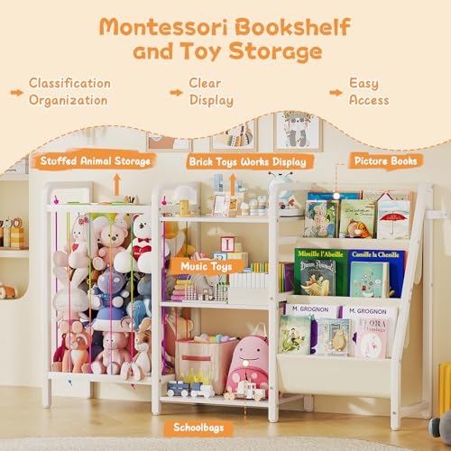CYXPHION B1 Kids Bookshelf and Toy Storage, 3-Tier Book Shelf for Kids Rooms, Sling Baby Bookcase with Animal Storage, Montessori Toddler Bookshelf for Nursery, Bedroom, Playroom, White