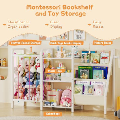 CYXPHION B1 Kids Bookshelf and Toy Storage, 3-Tier Book Shelf for Kids Rooms, Sling Baby Bookcase with Animal Storage, Montessori Toddler Bookshelf for Nursery, Bedroom, Playroom, White