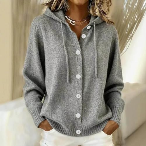 Warm Hooded Sweaters for Women Comfy Soft Button Cardigan Sweater Gray