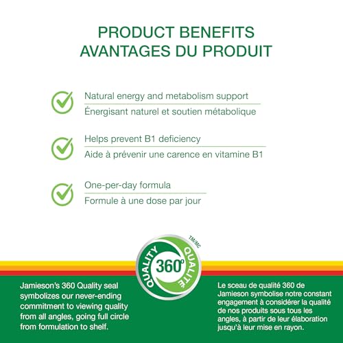 Jamieson Vitamin B1 100 mg, Thiamine, Essential for Energy Metabolism, and Helps Prevent Vitamin B1 Deficiency. One Per Day, Vegetarian, Gluten-Free, 100 Tablets, Proudly Canadian
