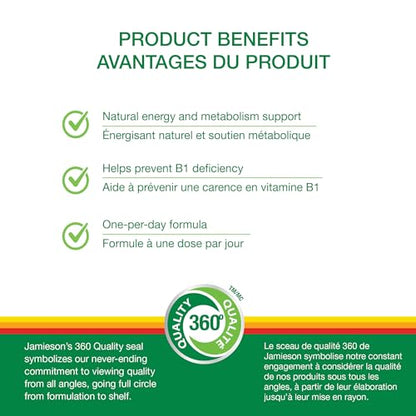 Jamieson Vitamin B1 100 mg, Thiamine, Essential for Energy Metabolism, and Helps Prevent Vitamin B1 Deficiency. One Per Day, Vegetarian, Gluten-Free, 100 Tablets, Proudly Canadian