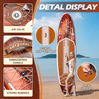 InnoExpo 11' Inflatable Stand Up Paddle Boards with Premium Accessories, Wide Stable SUP Paddle Board Design, Non-Slip Comfort Deck for Youth & Adults (Timber)
