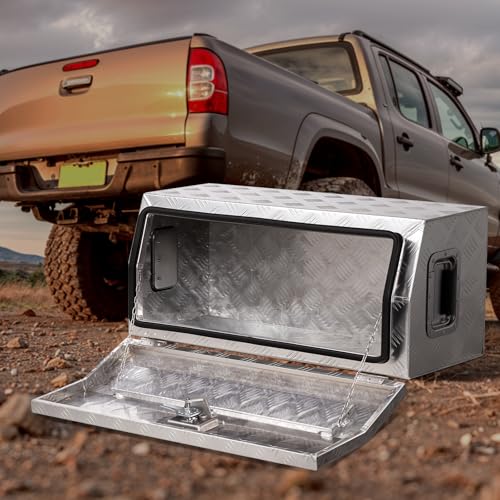 VEVOR Heavy Duty Aluminum Truck Bed Tool Box, Stripes Plated Tool Box with Side Handle and T-Lock Keys, Storage Toolbox Chest Organizer for Trailer, Pickup, Truck Bed, RV, 30"x13"x13", Silver