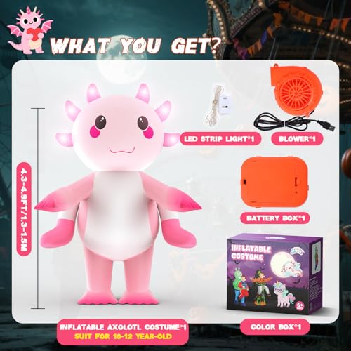 Inflatable Costume for kids,Inflatable Axolotl Riding Costume with Lights,Halloween Glow in The Dark Blow up Costumes