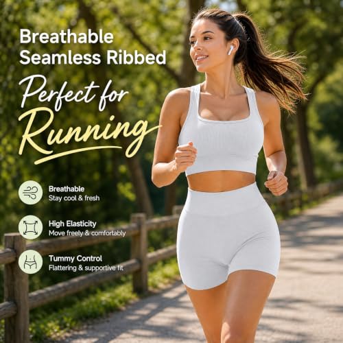Women 2 Piece Ribbed Workout Set Quick Dry Sports Bra and High Waist Tummy Control Shorts Sets Yoga Gym Activewears Bralette For Women Navy One Size