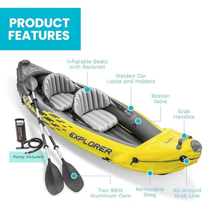 INTEX 68307EP Explorer K2 Inflatable Kayak Set: Includes Deluxe 86in Aluminum Oars and High-Output Pump – SuperStrong PVC – Adjustable Seats with Backrest – 2-Person – 400lb Weight Capacity