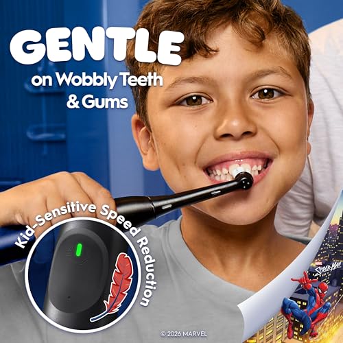 Oral-B iO Kids Rechargeable Electric Powered Toothbrush, Spiderman with 1 Gentle Care Brush Head - Automatic Pressure Sensor to Protect Gums - 3 Cleaning Settings - 2 Min Music Timer - 28 Day Battery Life