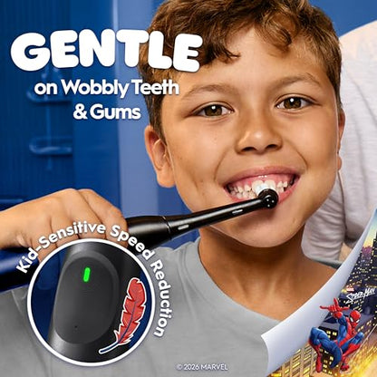 Oral-B iO Kids Rechargeable Electric Powered Toothbrush, Spiderman with 1 Gentle Care Brush Head - Automatic Pressure Sensor to Protect Gums - 3 Cleaning Settings - 2 Min Music Timer - 28 Day Battery Life