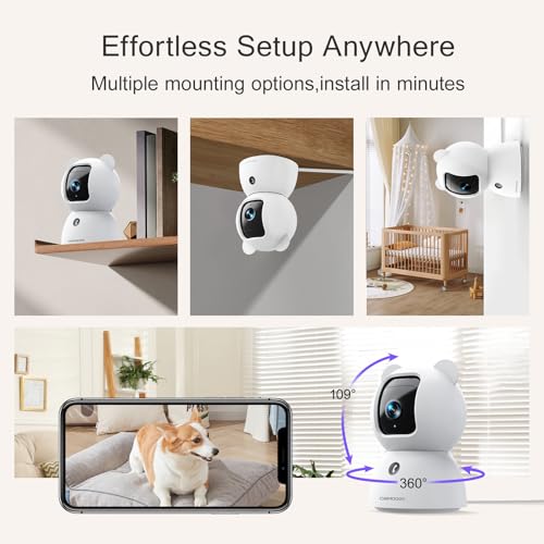 CINMOORE 2.5K Pet Camera, Indoor Security Cam, Free AI Pet/Person/Cry Detection, Dog/Cat/Baby Monitor Pan Tilt 2.4GHz WiFi, Night Vision, Full Duplex Audio Caméra Surveillance Intérieur