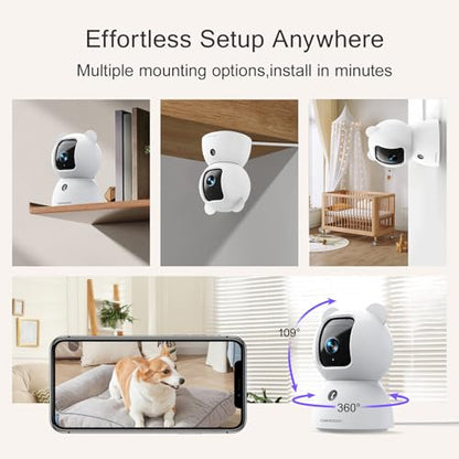 CINMOORE 2.5K Pet Camera, Indoor Security Cam, Free AI Pet/Person/Cry Detection, Dog/Cat/Baby Monitor Pan Tilt 2.4GHz WiFi, Night Vision, Full Duplex Audio Caméra Surveillance Intérieur