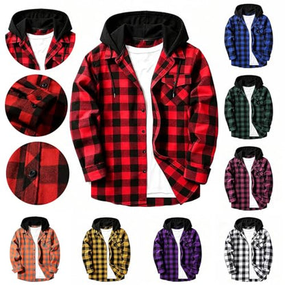 Hooded Flannel Jacket Men Long Sleeve Button Down Plaid Shirt Red