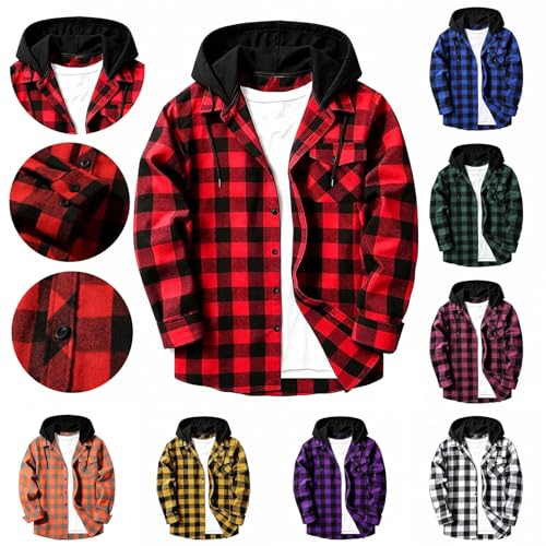 Hooded Flannel Jacket Men Long Sleeve Button Down Plaid Shirt Red