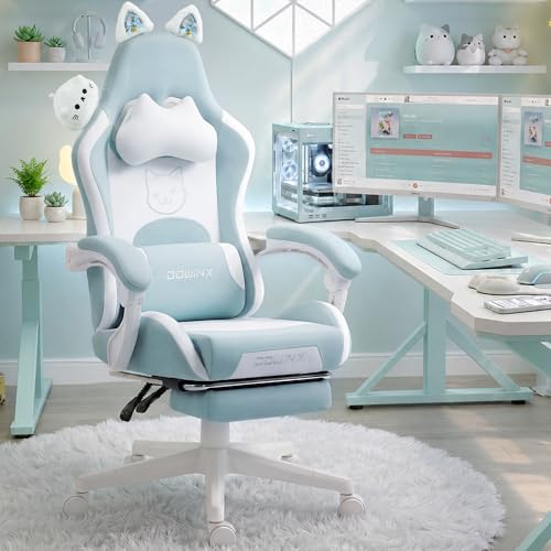 Dowinx Cat Ear Gaming Chair for Adults, Ergonomic Computer Chair with Massage Lumbar Support, Reclining Gamer Chair with Footrest and Headrest, 290 lbs